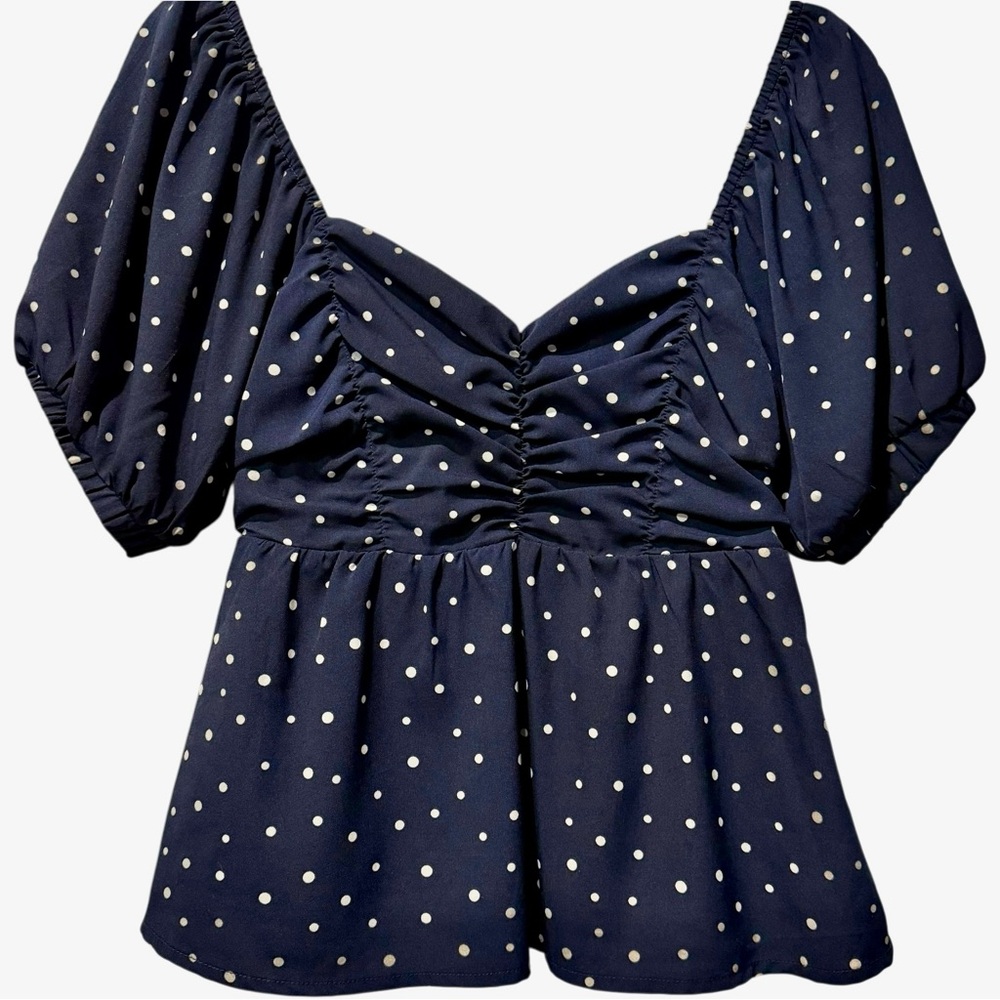 Anthropologie By Together Navy / White Polka Dot Puff Sleeve Babydoll Top‎ Small